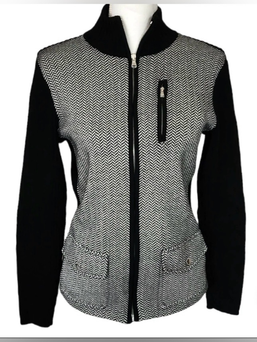 Ralph Lauren herringbone zip jacket black white women’s large preppy/ chic